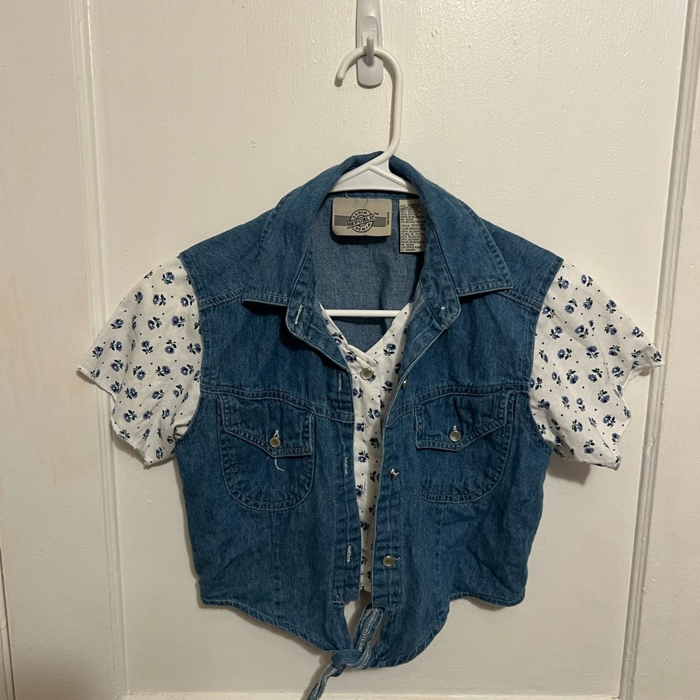 Vintage Denim Vest with Floral Blouse